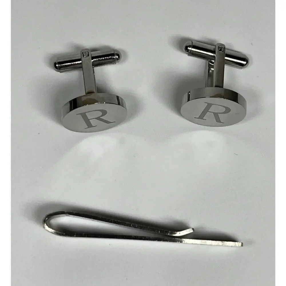 Silver Tone Round Cufflinks R Monogram & Tie Bar Slide Set Minimalist Modern